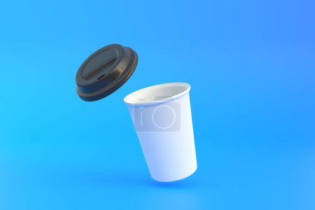 Photo for Disposable paper coffee cup with black lid in the air over blue background. Minimal concept. 3D Rendering 3D Illustration - Royalty Free Image