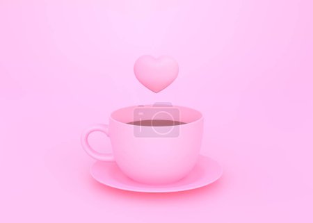 Téléchargez les photos : Sweet Heart flottant sur la tasse à café rose avec fond rose pastel. Concept minimal. rendu 3D, illustration 3D - en image libre de droit