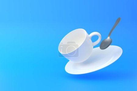 Téléchargez les photos : Lévitation de tasse de café avec une cuillère. Mug blanc volant à l'air sur fond bleu vif. Concept minimal. Reproduction 3D Illustration 3D - en image libre de droit