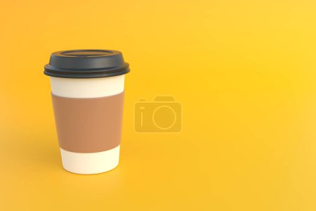 Téléchargez les photos : Tasse à café jetable en papier avec couvercle noir sur fond jaune. Concept minimal. rendu 3D Illustration 3D - en image libre de droit