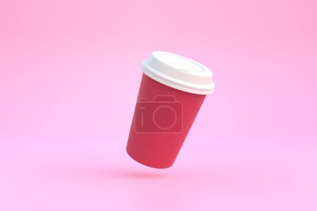 Foto de Taza de café de papel desechable con tapa negra en el aire sobre fondo rosa. Concepto mínimo. Representación 3D Ilustración 3D - Imagen libre de derechos