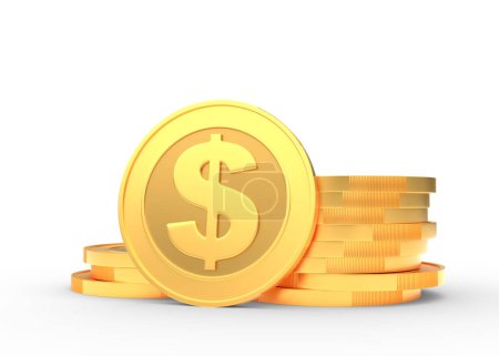 Foto de Monedas de oro con signo de dólar aisladas sobre un fondo blanco. Ilustración de representación 3d - Imagen libre de derechos