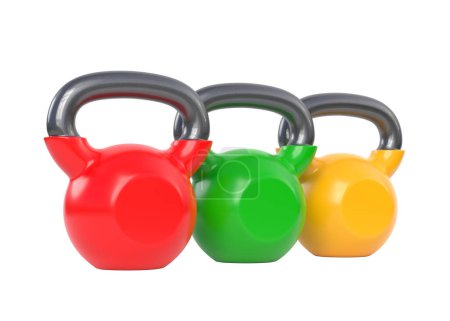 Photo for Colorful kettlebells set isolated on white background standing close to each other. Fitness, sport training and lifting concept. Gym equipment. Workout tools. 3d rendering illustration - Royalty Free Image