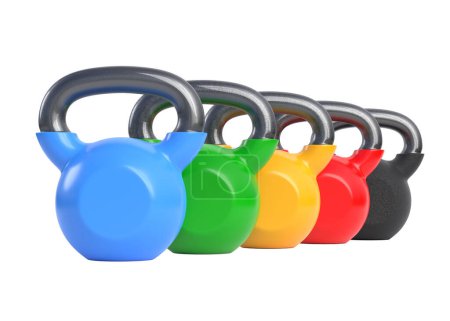 Photo for Set iron kettlebell isolated on white background. Gym and fitness equipment. Workout tools. Sport training and lifting concept. 3D rendering illustration - Royalty Free Image