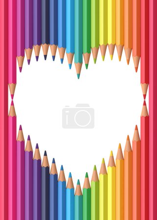 Téléchargez les photos : Crayons de couleur formés en forme de coeur sur un fond blanc. Illustration de rendu 3D - en image libre de droit