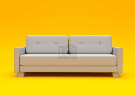 Foto de Sofá moderno aislado en una sala de estar de color amarillo pastel. Fondo interior vacío. Concepto de estilo creativo mínimo. Visualización frontal de la ilístración 3D - Imagen libre de derechos