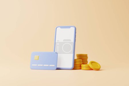 Photo for Credit card with golden coins and smartphone on pastel background. Business and online payment concept. 3d rendering illustration - Royalty Free Image