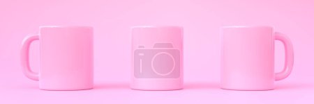 Téléchargez les photos : Trois tasse en céramique rose ou tasse vide pour café, boisson ou thé sur fond rose. Vue de face. Concept minimal. rendu 3D Illustration 3D - en image libre de droit