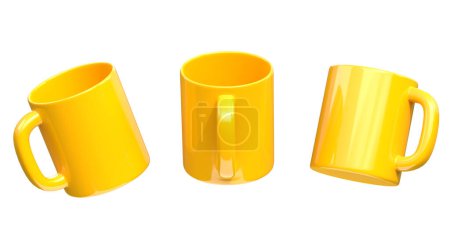 Téléchargez les photos : Tasses en céramique jaune ou tasses vides pour café, boisson ou thé sur fond blanc. rendu 3D Illustration 3D - en image libre de droit