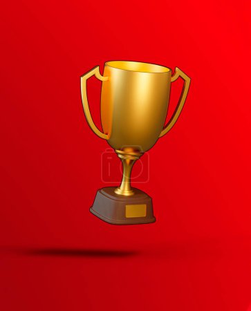 Foto de Copa de trofeos dorados volando sobre fondo rojo. Premio al torneo deportivo, copa ganadora de oro y concepto de victoria. Ilustración de representación 3d - Imagen libre de derechos