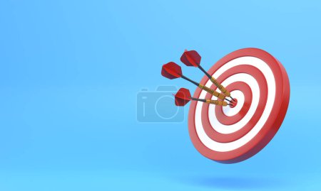 Photo for Three darts hitting a red target on the center on blue background with copy space. 3d render illustration - Royalty Free Image