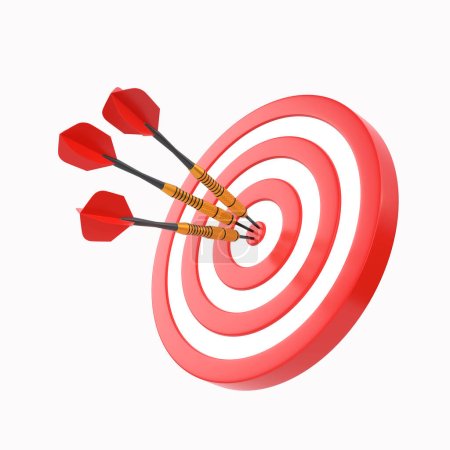 Photo for Three darts hitting a red target on the center isolated on white background. 3d render illustration - Royalty Free Image