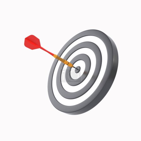 Photo for Dart hitting a target on the center isolated on white background. Minimal concept. 3d render illustration - Royalty Free Image