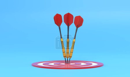 Drei Darts treffen ein rotes Ziel in der Mitte auf blauem Hintergrund mit Kopierraum. 3D-Darstellung