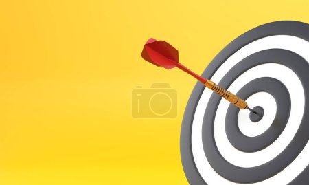 Photo for Dart hitting a target on the center on yellow background with copy space. Minimal concept. 3d render illustration - Royalty Free Image