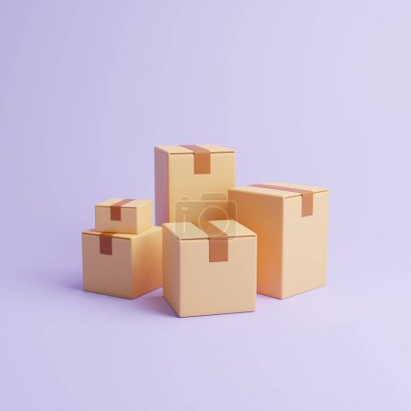 Photo for Group of brown cardboard boxes on a pastel lilac background. Top view. The concept of transportation and delivery. 3d render illustration - Royalty Free Image