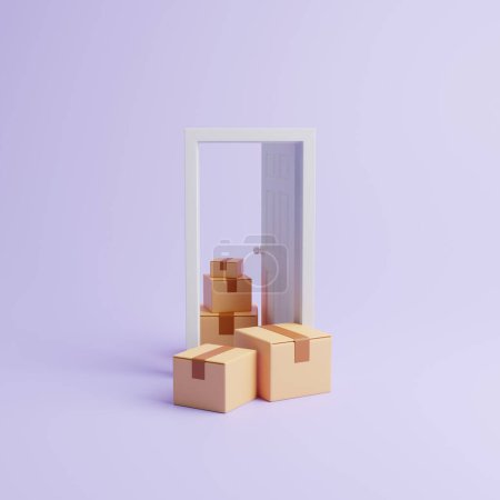 Photo for A group of cardboard boxes near the opening lilac door on a pastel lilac background. The concept of delivery, transportation and relocating. 3d render illustration - Royalty Free Image