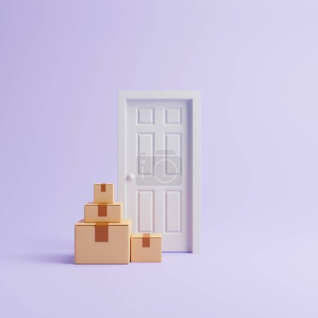 Téléchargez les photos : Un groupe de boîtes en carton près de la porte lilas sur un fond lilas pastel. Le concept de livraison, de transport et de déménagement. Illustration de rendu 3D - en image libre de droit
