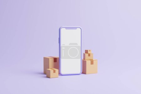 Téléchargez les photos : Smartphone avec groupe de boîtes en carton sur fond lilas pastel. Maquette. Livraison, achats en ligne, marketing numérique et concept d'entreprise. Illustration de rendu 3D - en image libre de droit