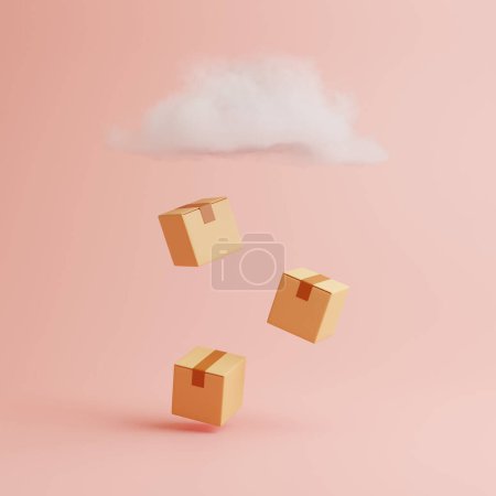 Three cardboard boxes are falling from the cloud on a pink background. 3d render illustration