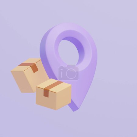 Two brown cardboard boxes with violet location pointer on pastel lilac background. Concept of safe and fast deliveries. 3d render illustration