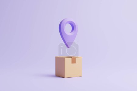 Téléchargez les photos : Boîte en carton marron avec épinglette de localisation violette sur fond lilas pastel. Concept de livraisons sûres et rapides. Illustration de rendu 3D - en image libre de droit