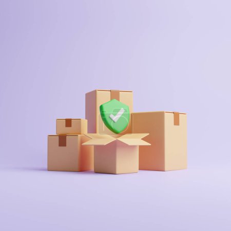 A green checkmark sign with a group of brown cardboard boxes on pastel lilac background. Concept of safe and fast deliveries. 3d render illustration