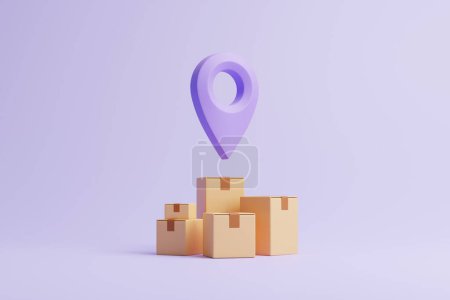 Photo for Group of brown cardboard boxes with violet location pointer on pastel lilac background. Concept of safe and fast deliveries. 3d render illustration - Royalty Free Image