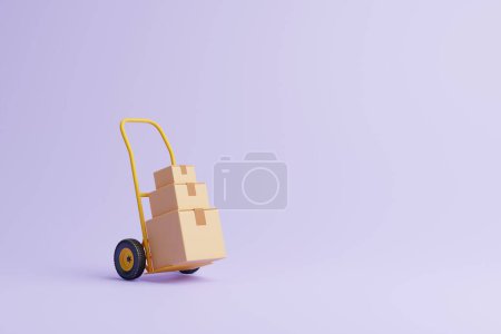 Téléchargez les photos : Camion à main avec trois boîtes en carton marron sur fond lilas pastel. Concept de transport et de livraison. Illustration de rendu 3D - en image libre de droit