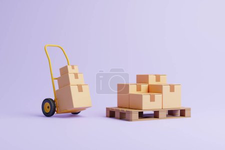 Téléchargez les photos : Les boîtes en carton marron sont empilées sur une palette avec un camion à main sur un fond lilas pastel. Concept de transport et de livraison. Illustration de rendu 3D - en image libre de droit