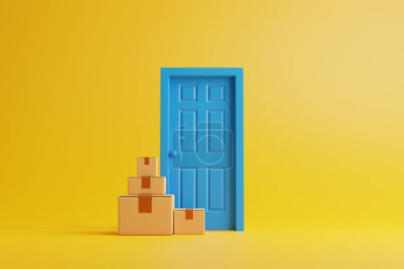 Eine Gruppe Pappkartons neben der blauen Tür auf gelbem Hintergrund. Das Konzept der Lieferung, des Transports und der Verlagerung. 3D-Darstellung