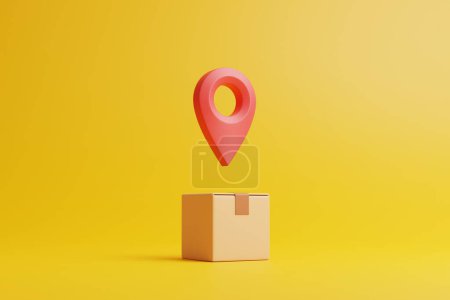 Photo for Brown cardboard box with red location pin on yellow background. Concept of safe and fast deliveries. 3d render illustration - Royalty Free Image