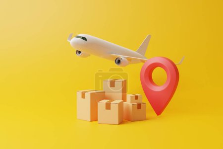 Group of brown cardboard boxes with red location pointer under flying airplane on yellow background. Side view. Concept of safe and fast deliveries. 3d render illustration