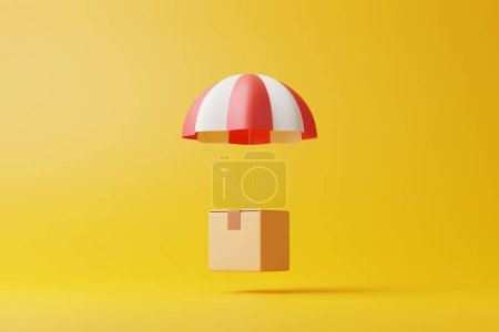Brown parcel cardboard box with red and white parachute on yellow background. Delivery, online shopping, digital marketing and business concept. 3d render illustration