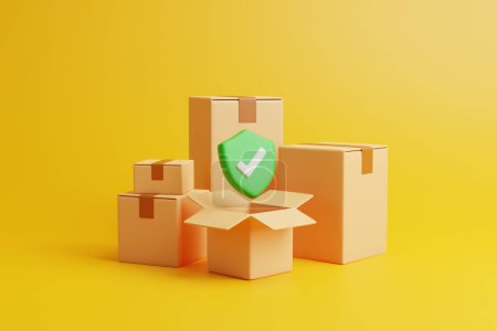 A green checkmark sign with a group of brown cardboard boxes on yellow background. Concept of safe and fast deliveries. 3d render illustration