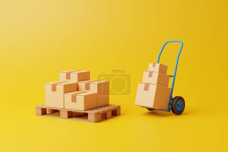 Téléchargez les photos : Boîtes en carton marron sont empilés sur une palette avec camion à main sur fond jaune. Concept de transport et de livraison. Illustration de rendu 3D - en image libre de droit