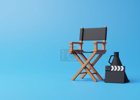 Photo for Director chair, clapperboard and megaphone on blue background. Movie industry concept. Cinema production design concept. 3d rendering illustration - Royalty Free Image