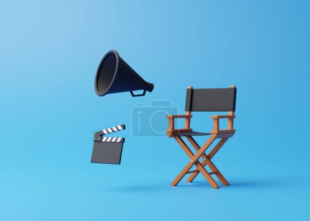 Director de silla, claqueta y megáfono sobre fondo azul. Concepto de industria cinematográfica. Concepto de diseño de producción cinematográfica. Ilustración de representación 3d