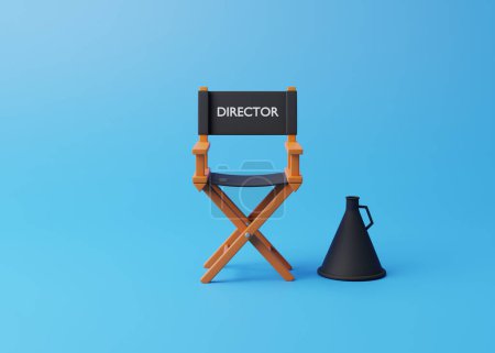 Photo for Director chair and megaphone on blue background. Movie industry concept. Cinema production design concept. 3d rendering illustration - Royalty Free Image