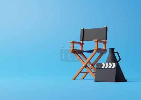 Foto de Director de silla, claqueta y megáfono sobre fondo azul. Concepto de industria cinematográfica. Concepto de diseño de producción cinematográfica. Ilustración de representación 3d - Imagen libre de derechos