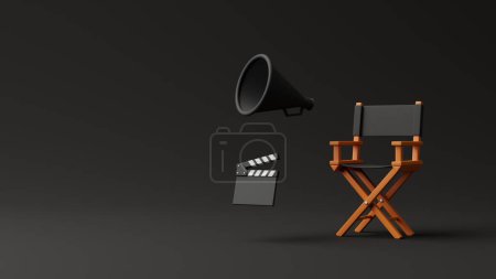 Photo for Director chair, clapperboard and megaphone on black background. Movie industry concept. Cinema production design concept. 3d rendering illustration - Royalty Free Image