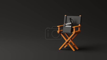 Photo for Director chair, clapperboard and megaphone on black background. Movie industry concept. Cinema production design concept. 3d rendering illustration - Royalty Free Image
