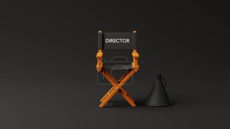 Photo for Director chair and megaphone on black background. Movie industry concept. Cinema production design concept. 3d rendering illustration - Royalty Free Image