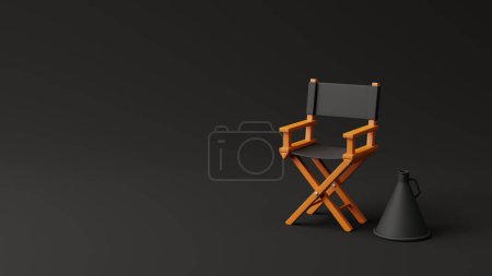 Photo for Director chair and megaphone on black background. Movie industry concept. Cinema production design concept. 3d rendering illustration - Royalty Free Image