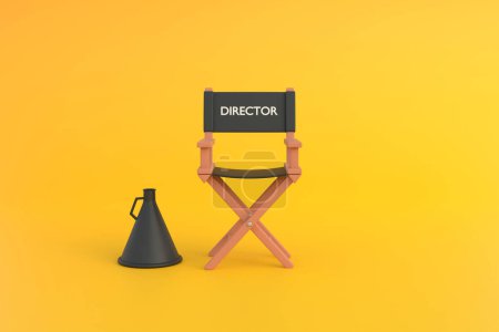 Photo for Director chair and megaphone on yellow background. Movie industry concept. Cinema production design concept. 3d rendering illustration - Royalty Free Image