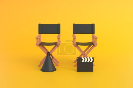 Photo for Director chair, clapperboard and megaphone on yellow background. Movie industry concept. Cinema production design concept. 3d rendering illustration - Royalty Free Image