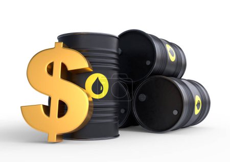Signo de barril de petróleo y dólar dorado sobre fondo blanco. Precios del petróleo inflación. Ilustración de representación 3D