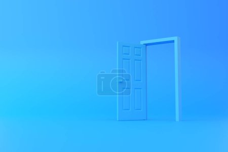 Foto de Abre la puerta azul en una habitación con un fondo azul. Elemento de diseño arquitectónico. Concepto creativo mínimo. 3d representación 3d ilustración - Imagen libre de derechos