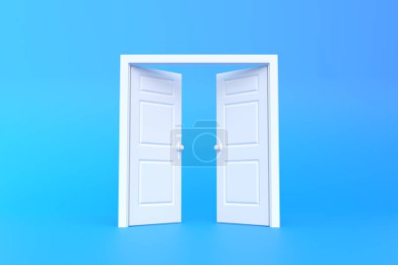 Photo for Double door open in blue background room. Architectural design element. Minimal creative concept. 3D rendering 3D illustration - Royalty Free Image