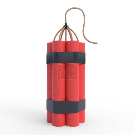 Foto de Paquete de palos de dinamita roja, TNT con mecha aislada sobre fondo blanco. Suministros explosivos. Ilustración de representación 3D - Imagen libre de derechos